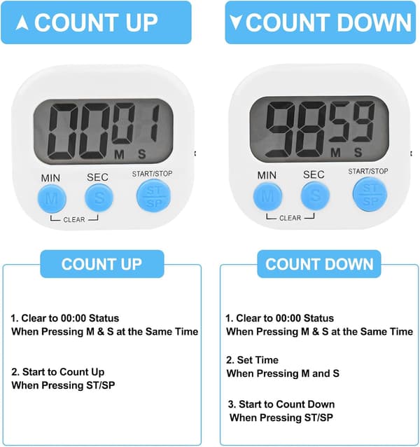 Magnetisk køkkentimer fra Pieces, Stopur med stort LCD-display, Nedtællingstimer til madlavning (Hvid)