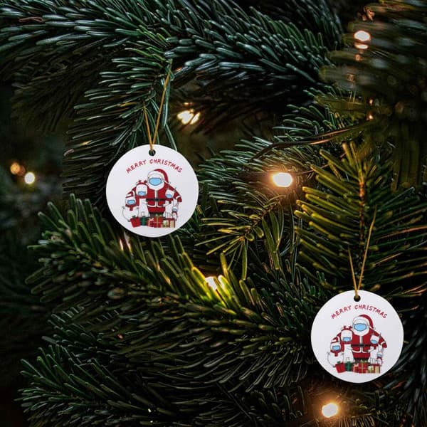 2 stk. runde juletræspynt dobbeltsidet tryk keramisk nisse julepynt