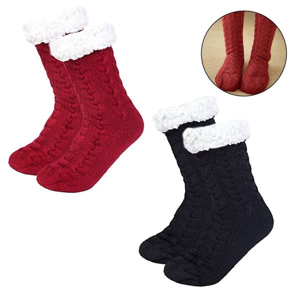 Pair Winter Fluffy Warm Floor Socks Twist Black + Twist Wine Red KLB