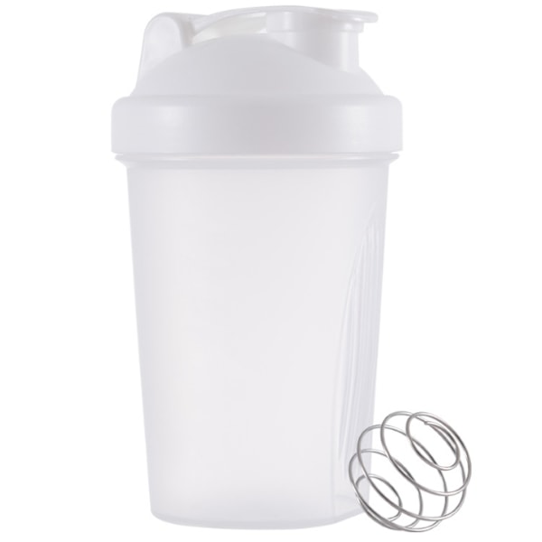 Kaksi shaker-pulloa sekoituskuulilla, proteiinishaker-pullot valkoinen white