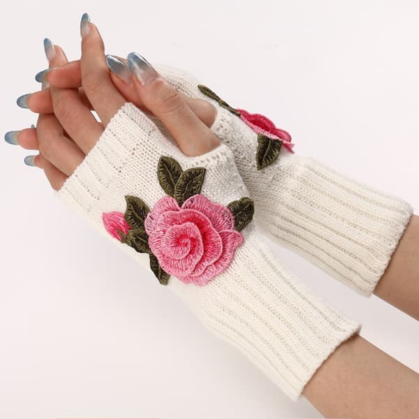 Vinterhansker uten fingre, halvfingerhansker, hvite + rosa blomst KLB