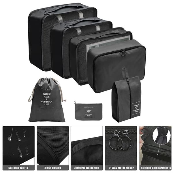 290T Double-Sided Twill Fabric, 7-Piece Storage Bag Set, Travel Black