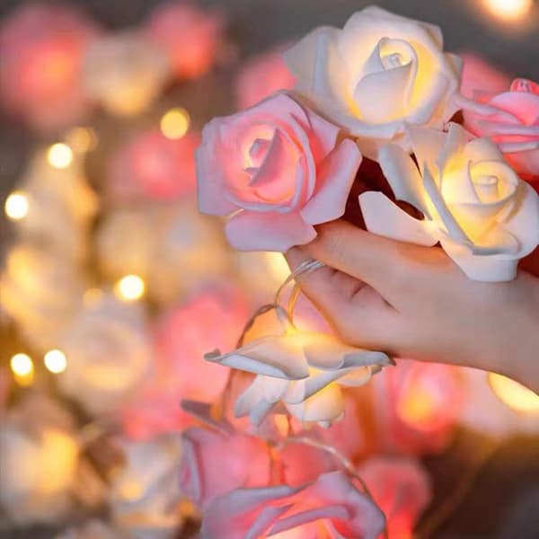3 meter LED string light with 20 bulbs, USB powered, 7 cm pink and white roses, for room and bedroom