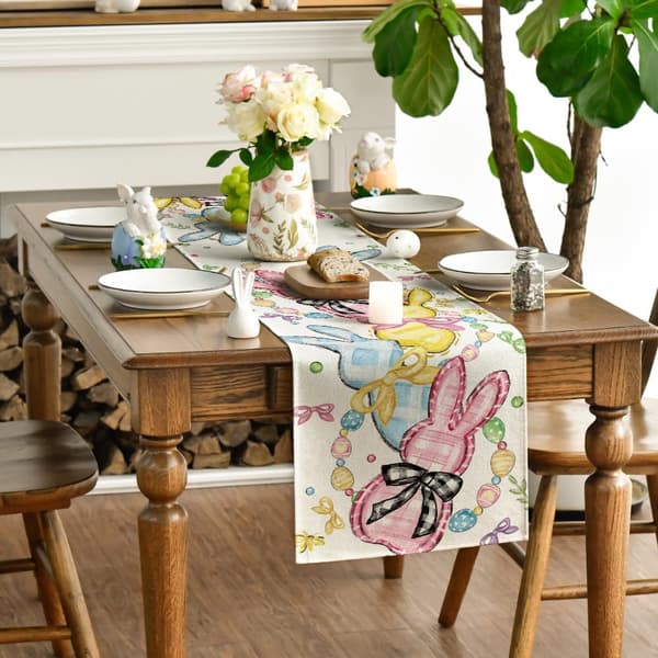 Floral Bow Bunny Egg Easter Table Runner, Spring Kitchen and Dining Table Decoration, 33x183 cm