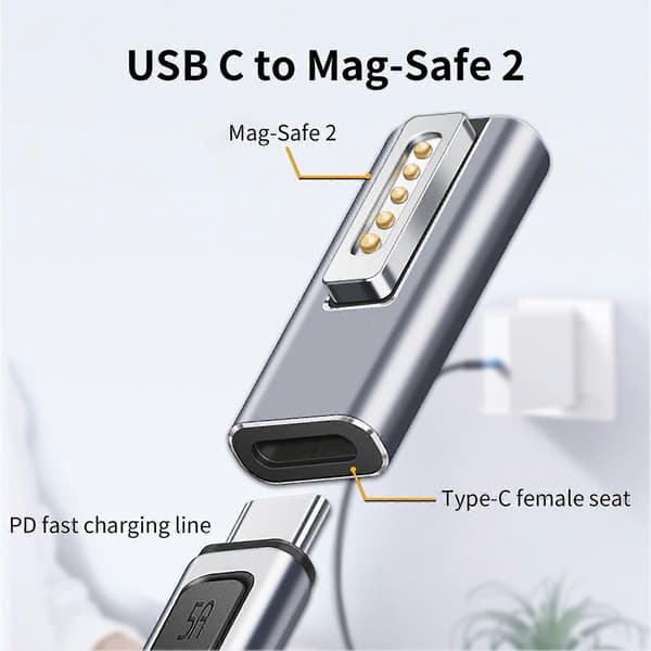 Adapteroplader Hurtigopladning Magnetisk Aluminiumslegering PD USB C til Mag-Safe 2 Strømkonverter til MacBook Air/Pro