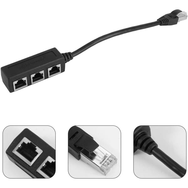 RJ45 Ethernet Splitter Kabeladapter 1 Han til 3 Hunporte, 3-i-1 LAN Netværkstilbehør, Sort