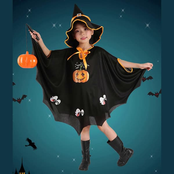 Heksekappe og hat sæt Græskarkostumer til drenge piger Halloweenfest udklædning