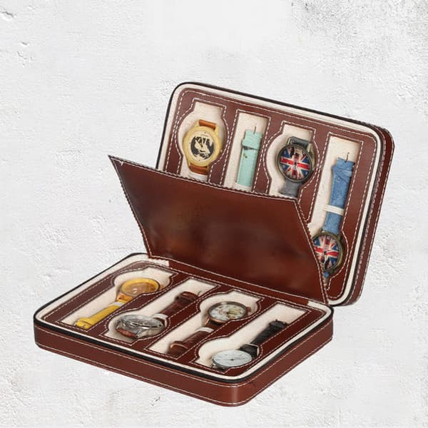 Ur opbevaringsboks 8 rum ur display stativ etui læder (BRUN)