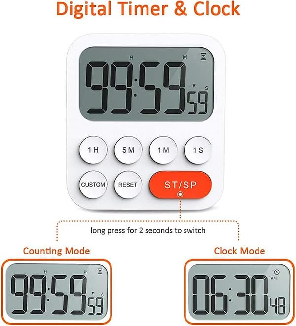 Magnetic Stopwatch Digital Kitchen Timer With Clock, Magnet, 3 Volume Levels, LCD Screen For Cooking, Sports And Study, Includes 2 AAA Batteries