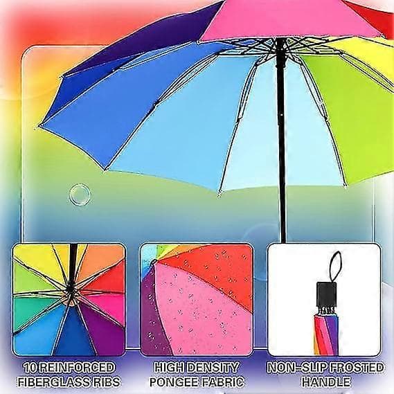 Portable Folding Windproof and Rainproof Rainbow Umbrella, 10 Ribs Strong and Fixed Umbrella