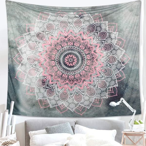 1. Mandala veggteppe grått og rosa blomst veggdekorasjon India