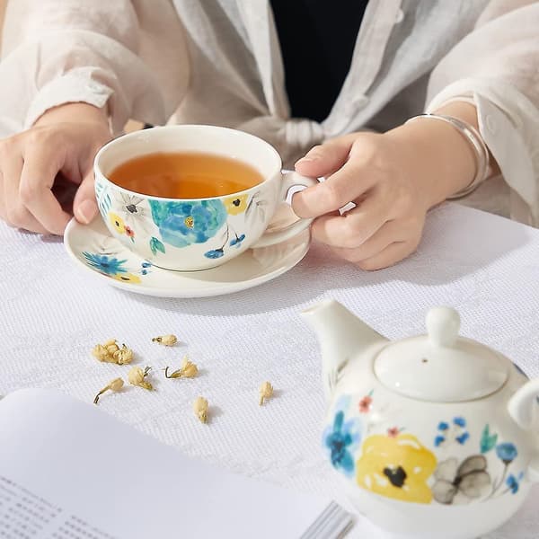 Porcelæn Te Til Én, Håndmalet Akvarel Blomstret Tekande Og Kop Sæt, Blomstrende Blomster