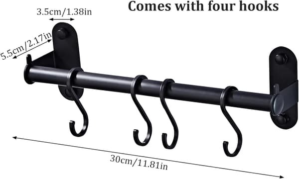 Wall Mounted Pot Rack, 12 Inch Aluminum Kitchen Rail with 4 Hooks, Rustproof Utensil Holder for Pans and Pots, Black