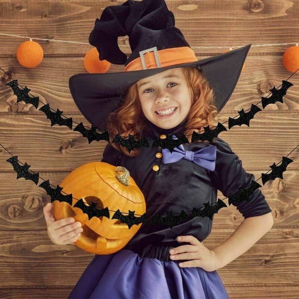 Glitterflaggermusgirlander - Halloweenfestdekorasjoner, Halloweenflaggermus, Halloweengirlander, Spøkelseshusdekorasjoner