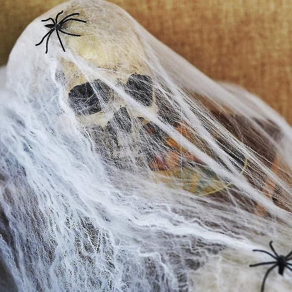 Uhæggelig edderkop Halloween-dekoration edderkoppespind med 30 edderkopper