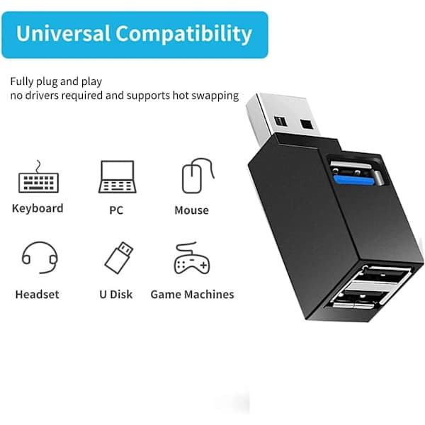 USB-hub, Mini USB 3.0-hub, bærbar adapter, højhastighedsudvidelse, multi-USB-hub, splitter, kablet adapterkabel til PC-laptop