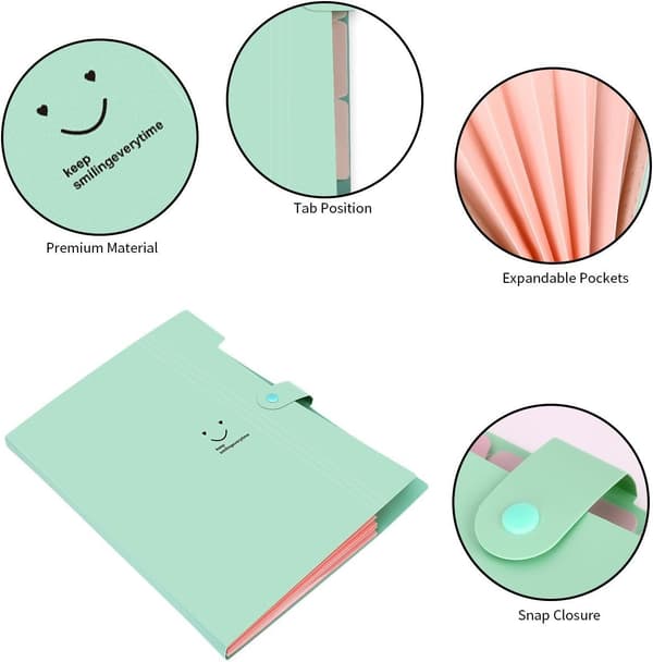 Expanding Document Folder 5 Compartments, A4 Paper Accordion Document Organizer (Green)