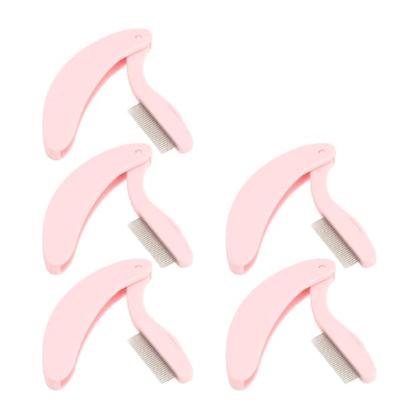 5 Pcs Curved Handle Eyelash Comb Stainless Steel Foldable Eyelash Comb Tool for Makeup Pink