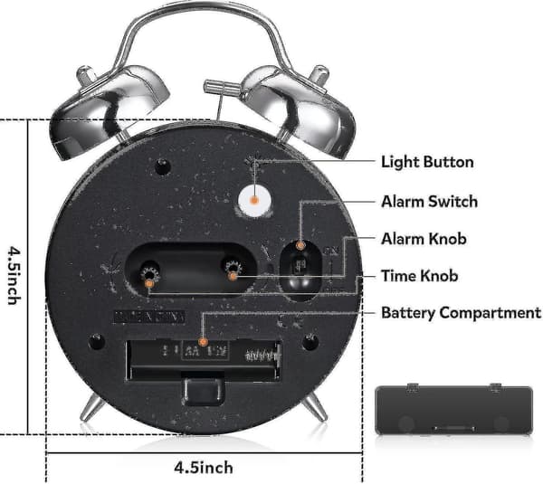 Silent Quartz Alarm Clock with Backlight for Heavy Sleepers, 4-Inch, Twin Bell (Blue)