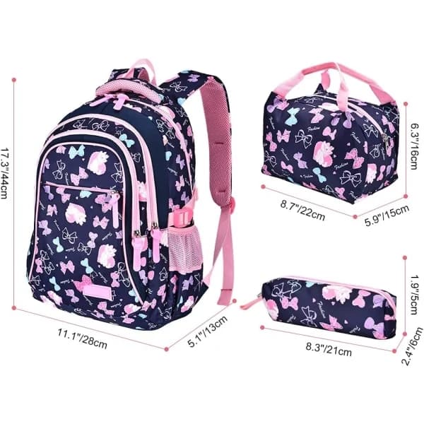 Elementary School Girls Backpack - 3-Piece Set with Lunch Bag and Pencil Case (Blue)