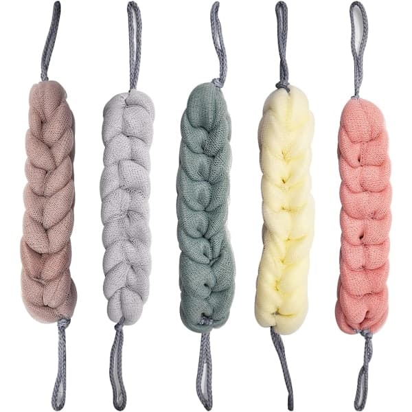 Bath Sponge for Adults, 5 Pieces Back Scrubber Mesh Stretchy Braids Shower Sponge Soft Exfoliating Massage Sponge