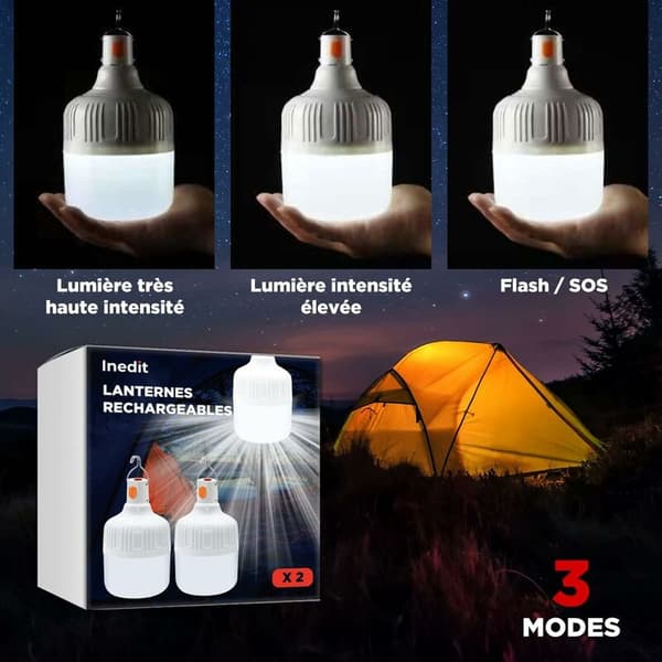 Rechargeable Camping Lantern - 2-pack, 40W, 360° Light, USB Portable Hanging Lamp with Cable, Energy Class A+++
