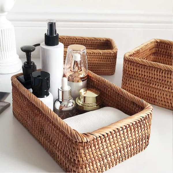 Handwoven Rectangular Rattan Basket, Fruit Tea Snacks Bread Picnic Cosmetic Storage Box Kitchen