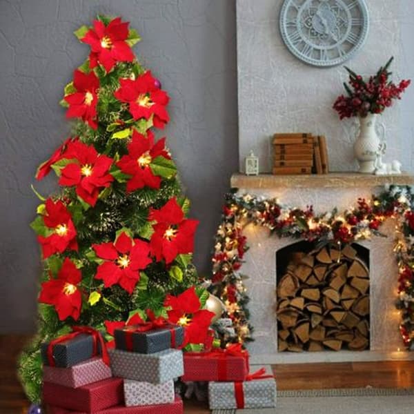 9.8ft Red Christmas Garland with String Lights, Artificial Velvet Flowers