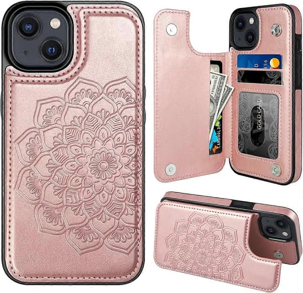 iPhone 15 Etui med Kortholder, Blomstret Magnetisk Flip Etui til iPhone 15 Pung Etui til Kvinder