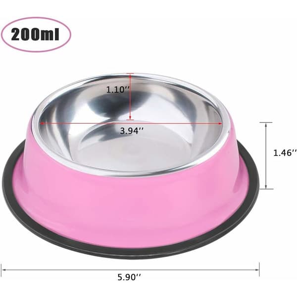 Sæt med 2 lyserøde skåle i rustfrit stål med skridsikker gummibase til små hunde og katte (200 ml)