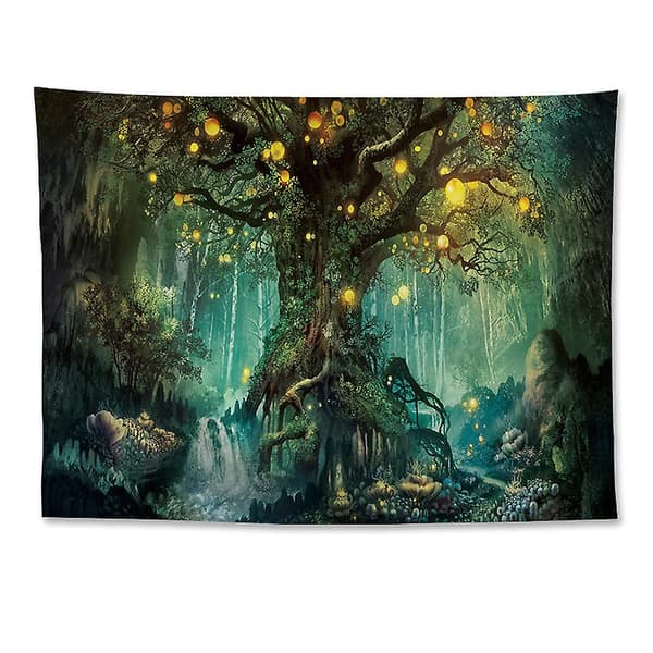 Forest Tapestry, Nature Tree Popular Elves Wall Hanging Warm Green Beach Blanket (59 x 51 inches)