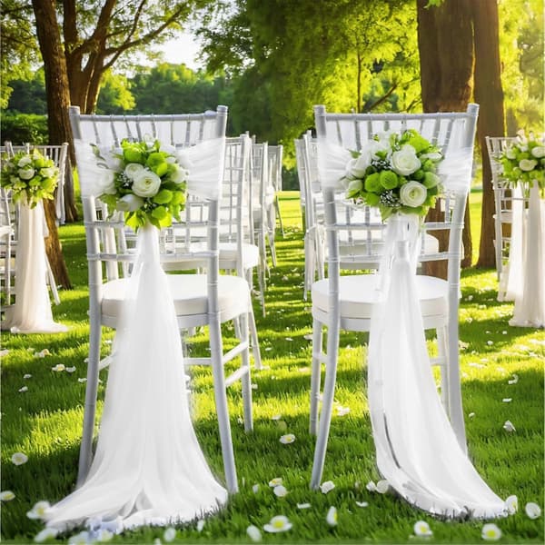 White Chair Bows Elegant Display Elegant Wedding Chair Decorations With Sheer Fabric Wedding Reception White White White