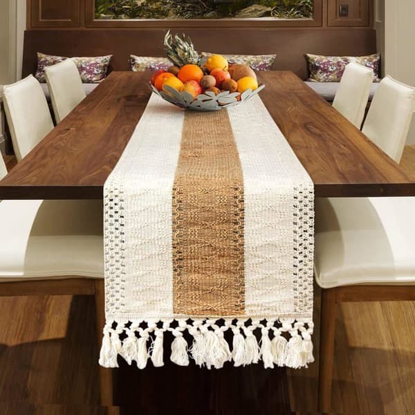 Cotton Linen Table Runner with Tassels, Hand-Woven Cotton Table Runner (Beige, 30*180cm)