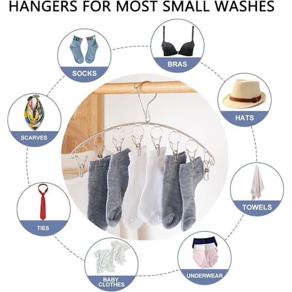 Stainless Steel Drying Rack with Windproof Hooks, Underwear Rack, Clothes Drying Rack with 8 Clips for Drying Socks, Towels (2-Pack)