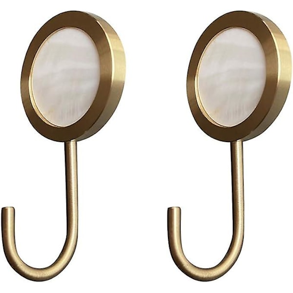 Decorative Solid Brass Wall Hook, Self-Adhesive Wall Hanger Without Drilling, Glossy Gold Fancy Hook (White - 2-pack)