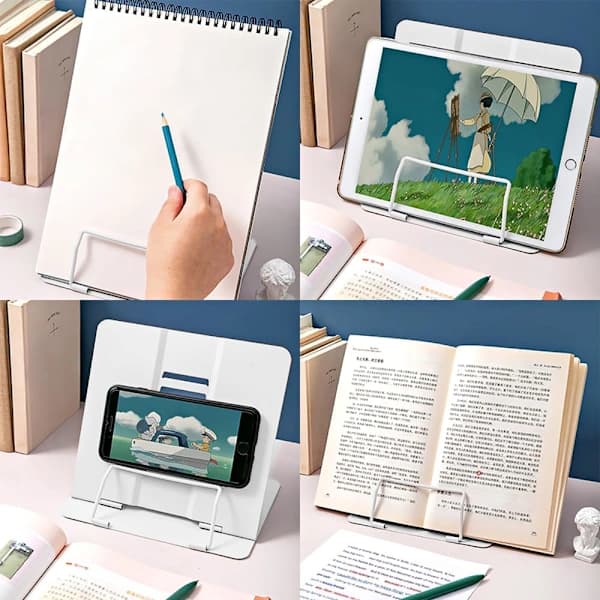 Book Stand Metal Adjustable Reading Holder Foldable for Books Documents Tablet Home Office School White