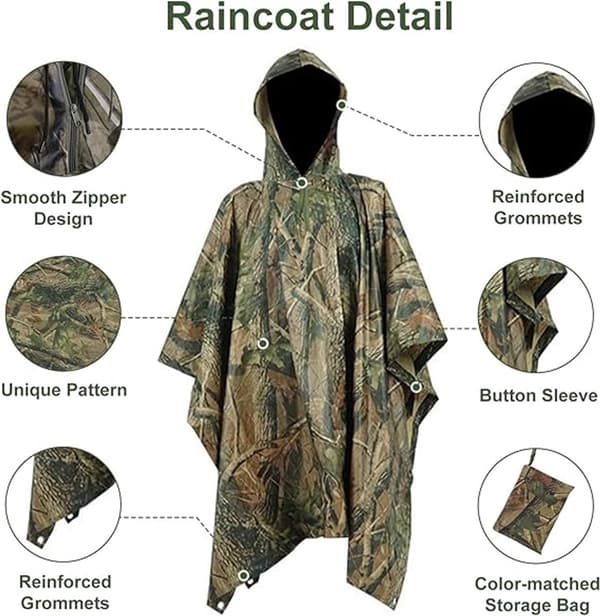 Vanntett Regnponcho - Med Hette - For Camping, Militær, Sykling & Reiser - Nødmaljer for Beskyttelse