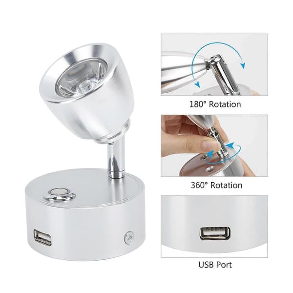 RV Reading Light LED Indoor Bedside Lamp Boat Yacht USB Rechargeable Adjustable Touch Lamp T DC12 to 24V Silver