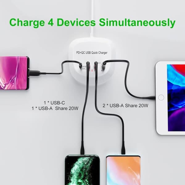 USB C Hurtigoplader, USB PD QC 3.0 Strømoplader til Hurtigopladning 4 Porte Multiple USB Strømadapter til iPhone iPad