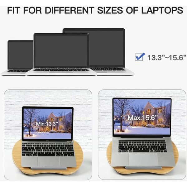Laptopstativ med pude og bambusplatform til seng og sofa, knæskrivebord med kabelhul og skridsikker strimmel, til PC, tablet op til 15,6 \"