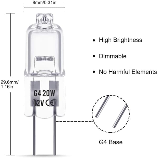 G4 Halogenpærer 20W 12V - Varmhvit - 10-pakning 20W 10 stk