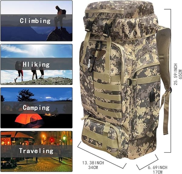 80L camouflage vandrerygsæk – unisex, let, til daglige udendørsaktiviteter