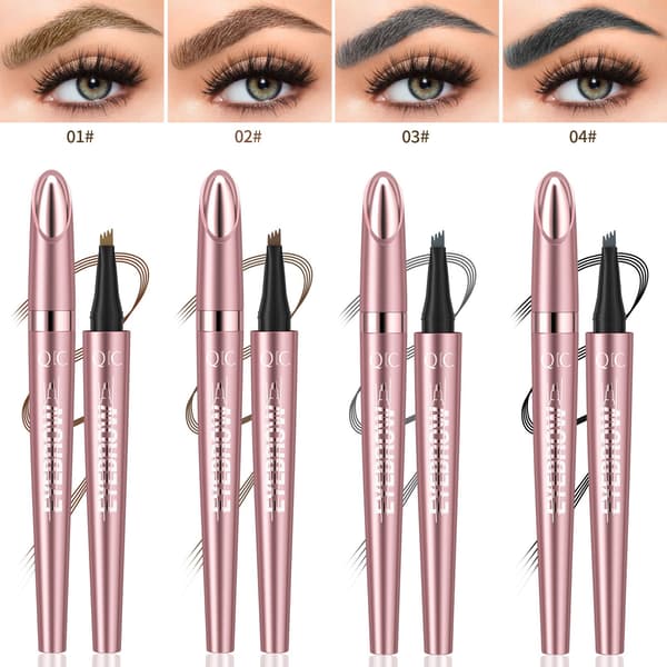 QIC Rose Gold 4-Tip Eyebrow Pen - Waterproof, Smooth, Smudge-Proof Liquid Pen for Natural, Feather-like Brows.