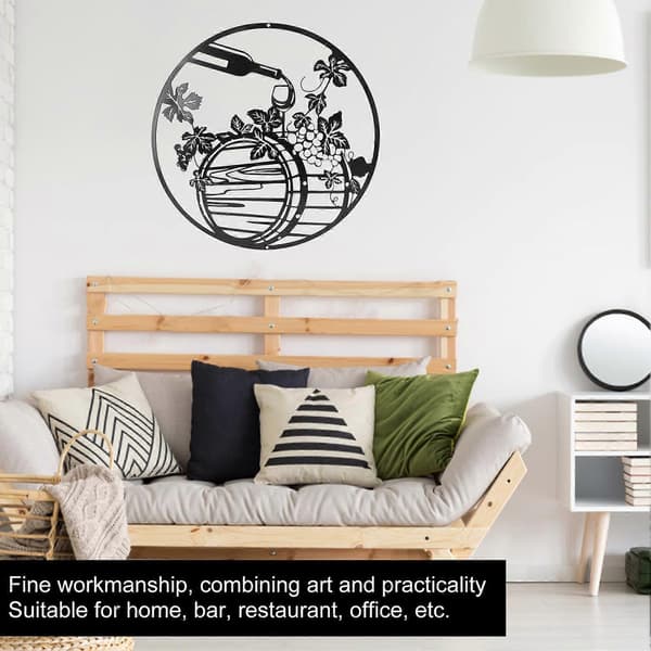 30CM Round Wall Decor Wine Bottle Grape Leaf Sculpture Iron Art Hollow Decoration for Home Bar Restaurant