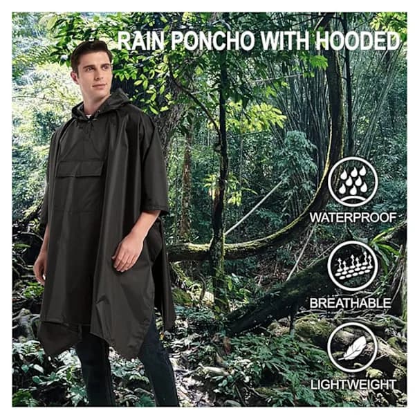 Vedenpitävä hupullinen poncho taskuilla