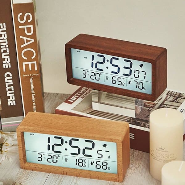 Digital Alarm Clock Battery LCD Wooden Clock with Backlight Temperature and Humidity for Home, Style 1