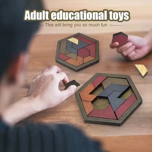 Wooden Tangram Puzzle, Hexagonal, Educational Toy, Portable Interactive Educational Family Game, Gift