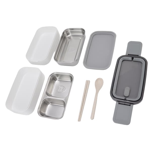 Bento Box 304 Stainless Steel Microwave Safe with Chopsticks and Spoon Double Layer Lunch Container for Adult Work Three Compartments