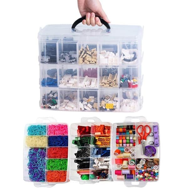 3-Tier Small Parts Organizer - 1, Transparent, Standard, 30 Stackable Compartments, Metal Handle, Beads, Building Blocks