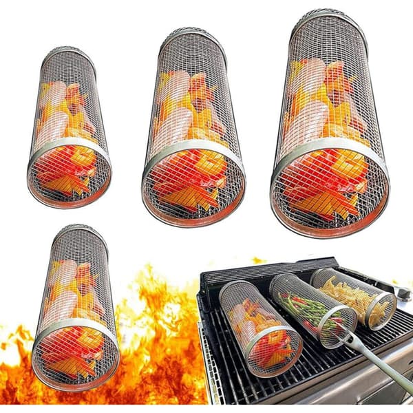 3 stk BBQ Grill Rullende Kurv Grillkurv Rustfrit Stål Grillnet Grill Bærbare Grillkurve til Kød